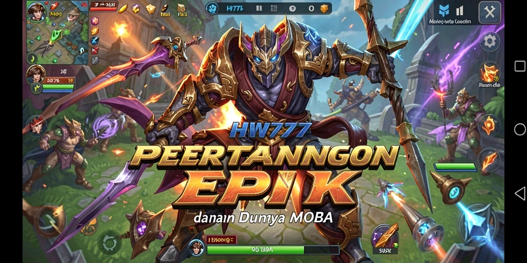 Tampilan utama gameplay HW777 dengan karakter MOBA yang beraksi.
