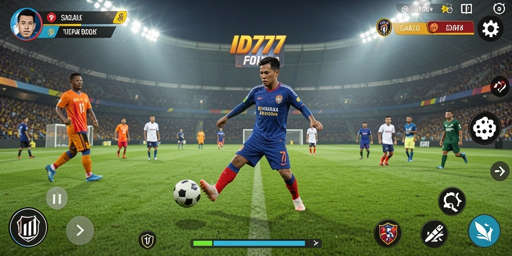 Tampilan utama gameplay ID777 dengan aksi sepak bola yang mendebarkan.