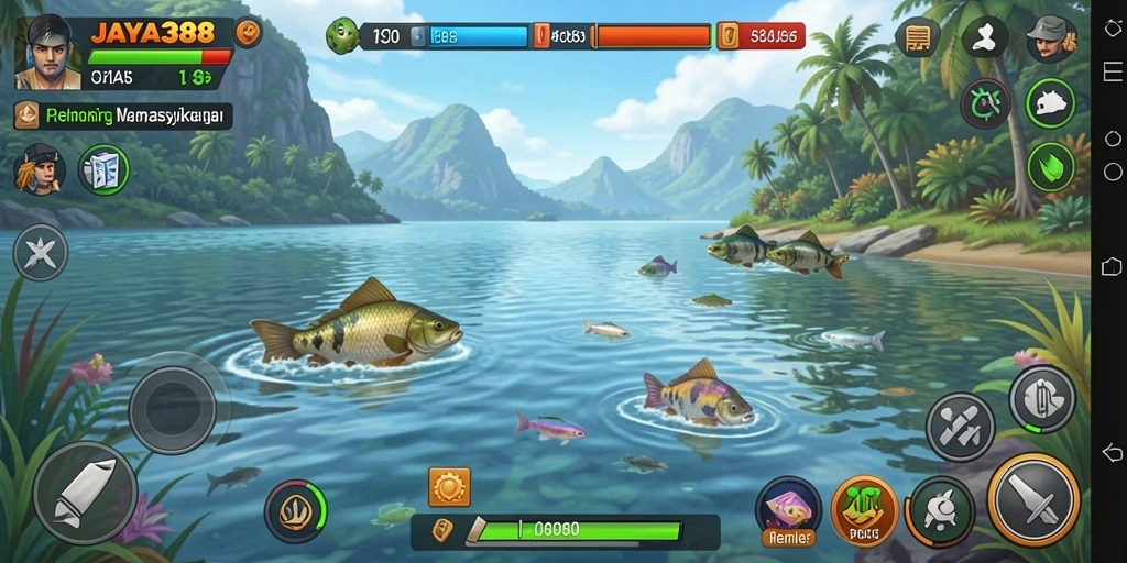Screenshot gameplay menunjukkan momen seru saat memancing ikan.