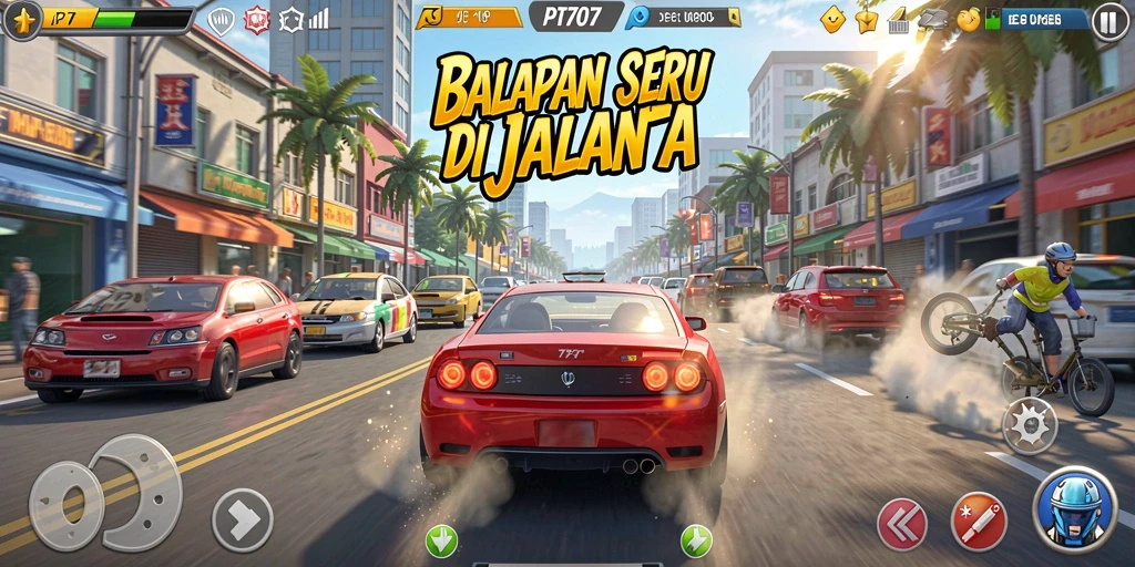 Tampilan balapan seru di PT707 dengan kendaraan yang melaju kencang.