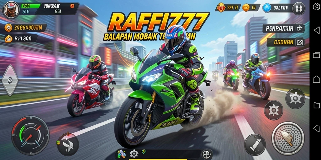 Tampilan gameplay RAFFI777 yang menegangkan dan seru saat balapan.