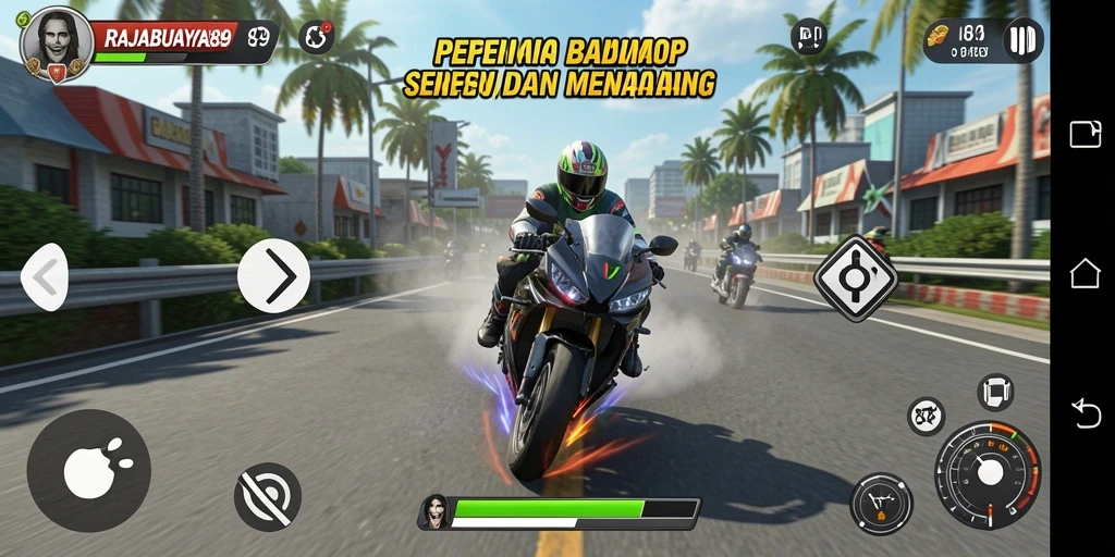 Screenshot utama gameplay RAJABUAYA89 yang menampilkan aksi balap motor yang menegangkan.