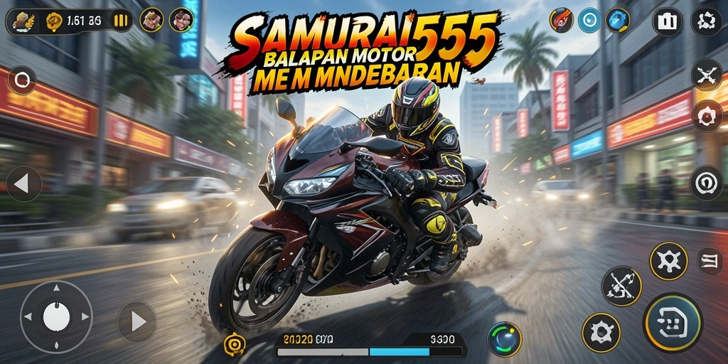 Screenshot menunjukkan aksi balapan cepat dan dramatis di SAMURAI555.