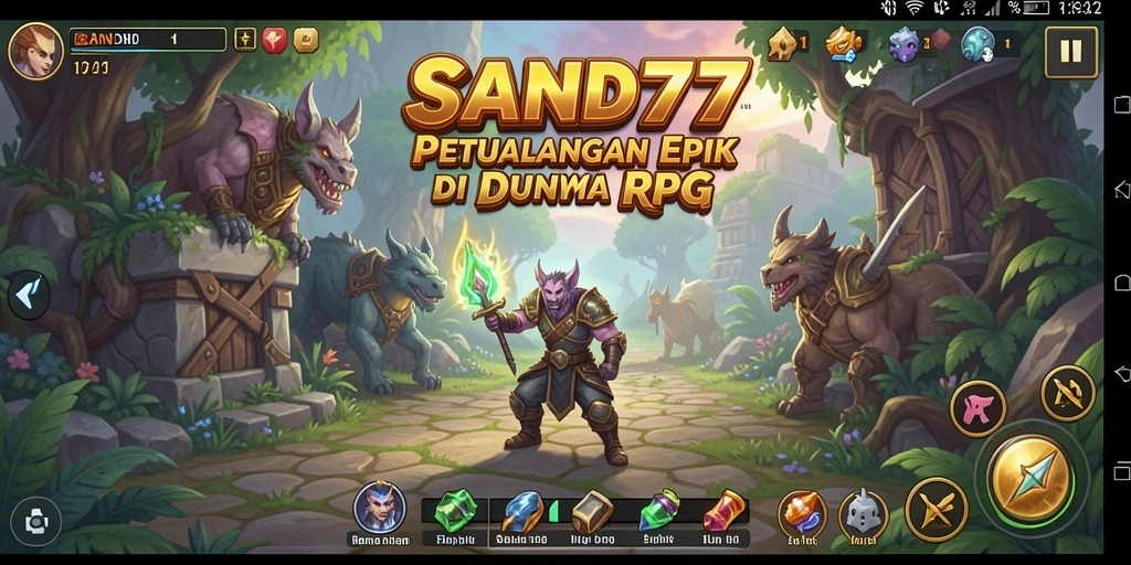 Tampilan gameplay dengan karakter heroik dalam dunia fantasi.