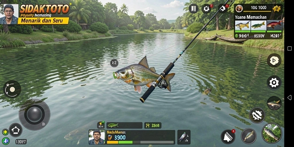 Screenshot gameplay <strong>SIDAKTOTO</strong> menampilkan aksi memancing yang mendebarkan.